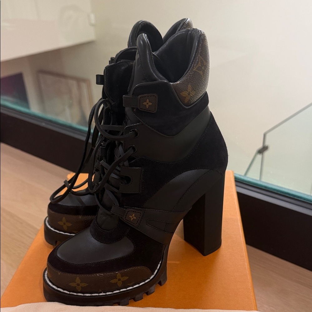 Louis Vuitton Black and Brown Monogram High-Heel Lace-Up Boots - Picture 3 of 4